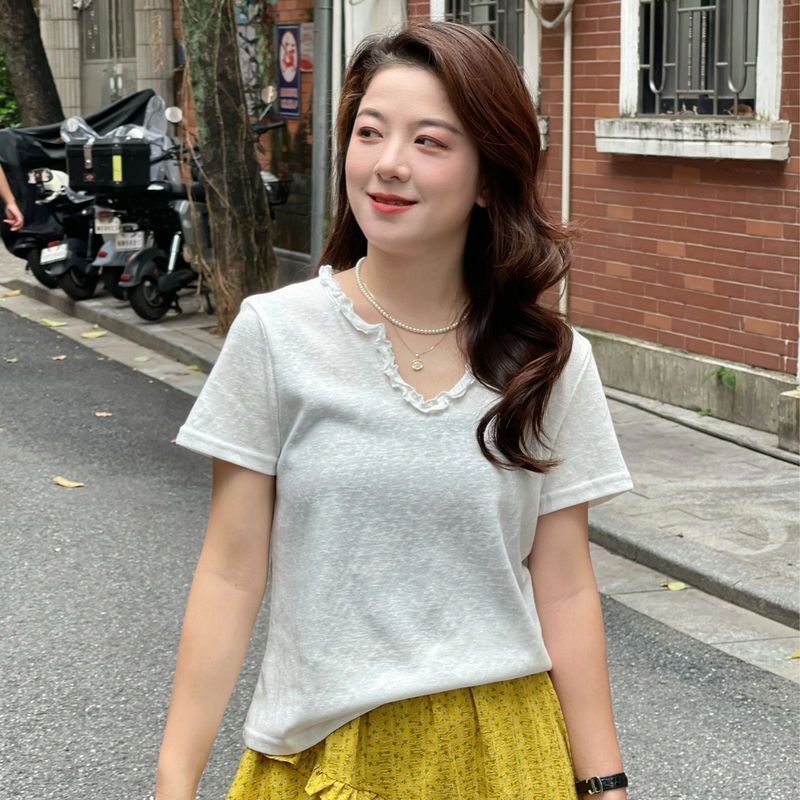WenWen小个子韩系木耳边V领时尚显瘦短袖T恤休闲上衣3814