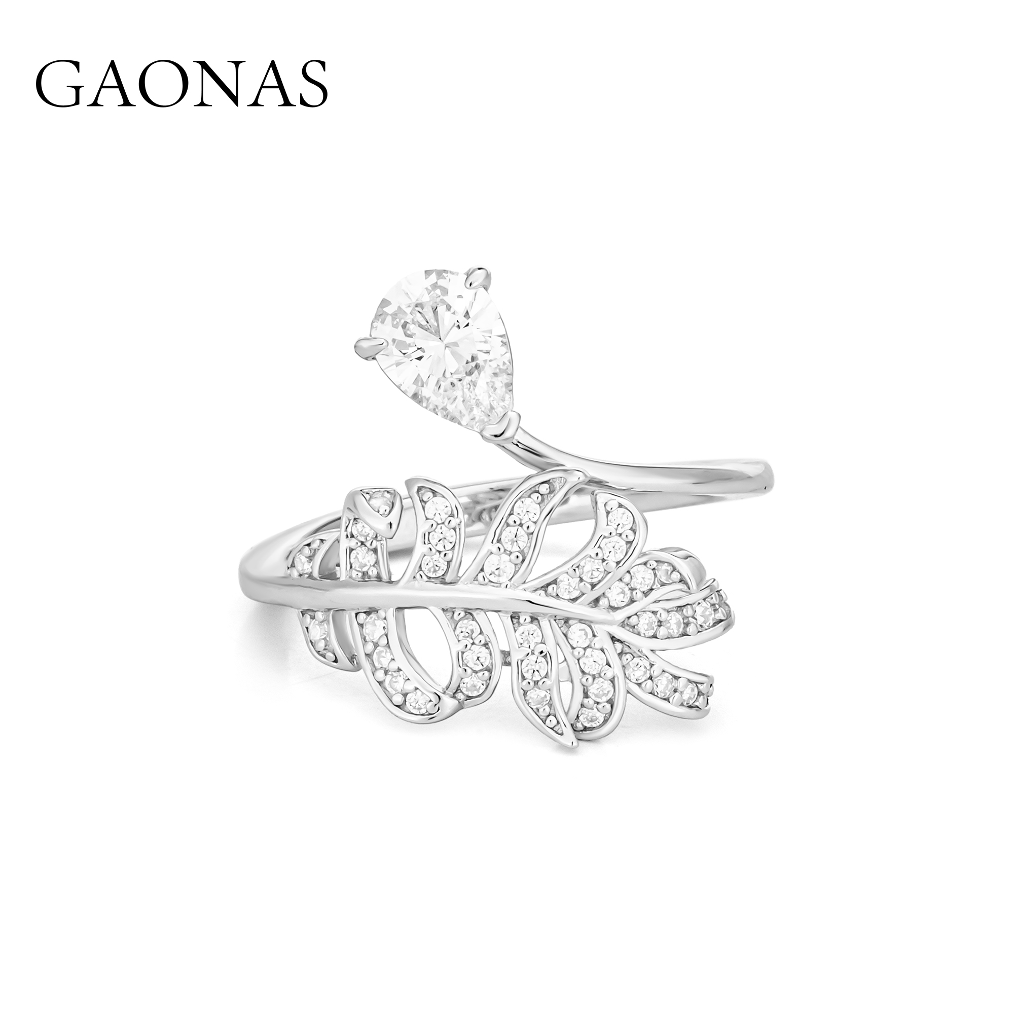GAONAS 925银合成锆石戒指 惊鸿 时尚白色羽毛女神开口戒 11062JW
