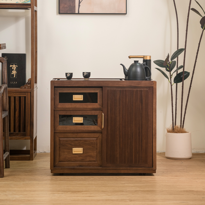 胡桃木茶水柜茶台茶桌边柜侧柜烧水壶一体实木下置水桶茶吧几柜子