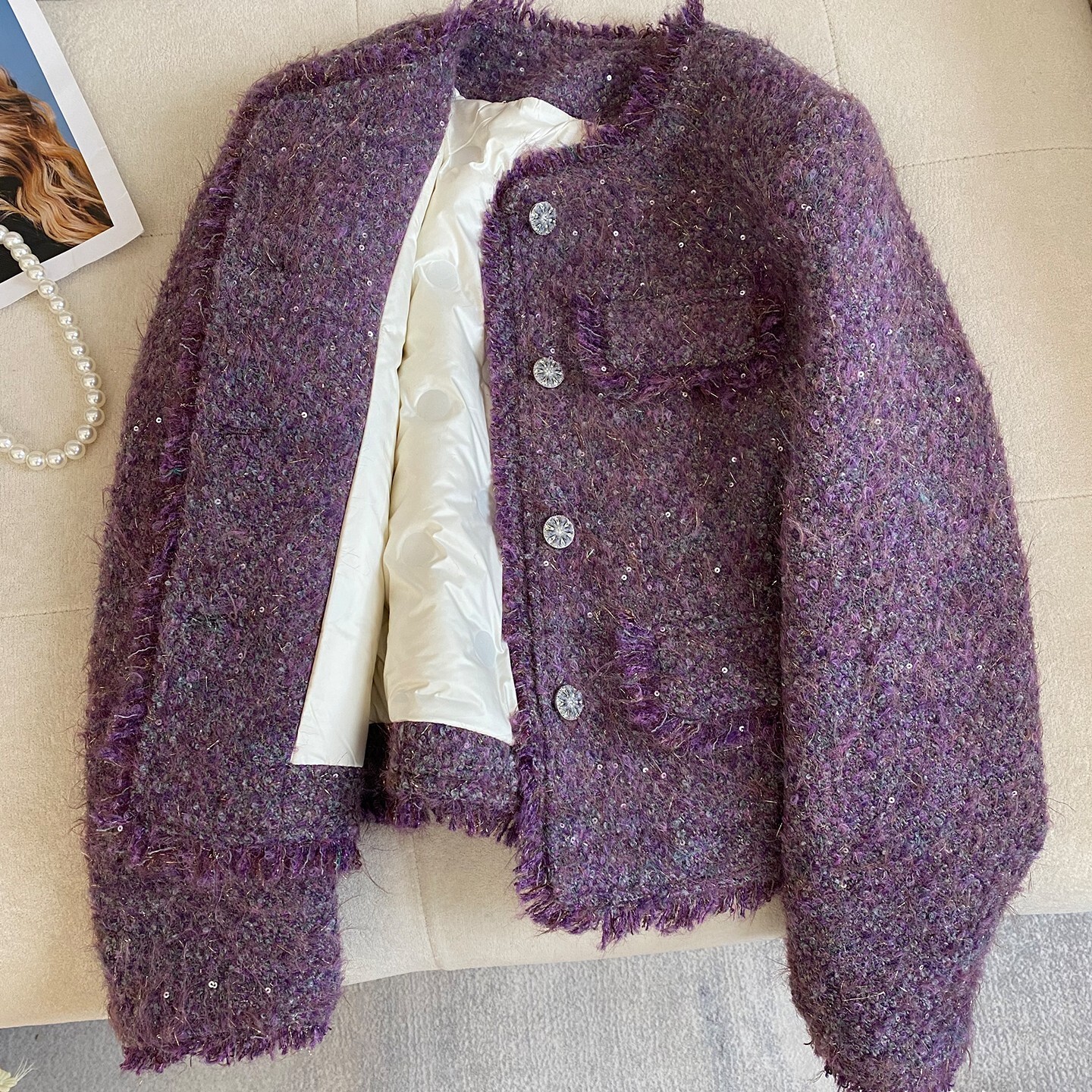 紫色小香风羽绒服女冬季2025新款高端法式千金亮片细闪轻奢厚外套