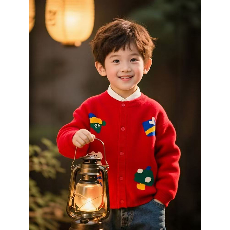 男童时尚喜庆红色儿童开衫毛衣2026秋冬新款中小童潮流拜年服上衣