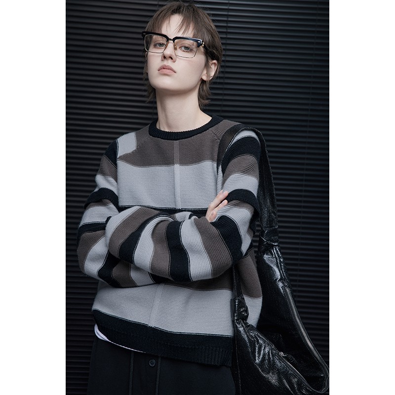 moment灰黑条纹羊毛毛衣针织衫女2025年秋季新款宽松慵懒风巨好看