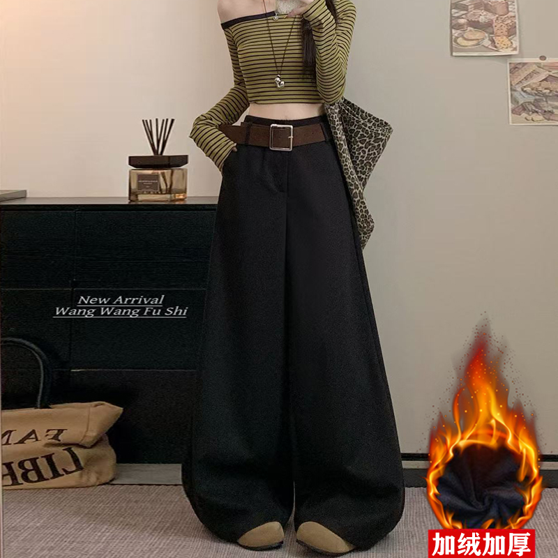 【送皮带】加绒加厚毛呢阔腿裤女秋冬高腰显瘦呢子休闲直筒拖地裤