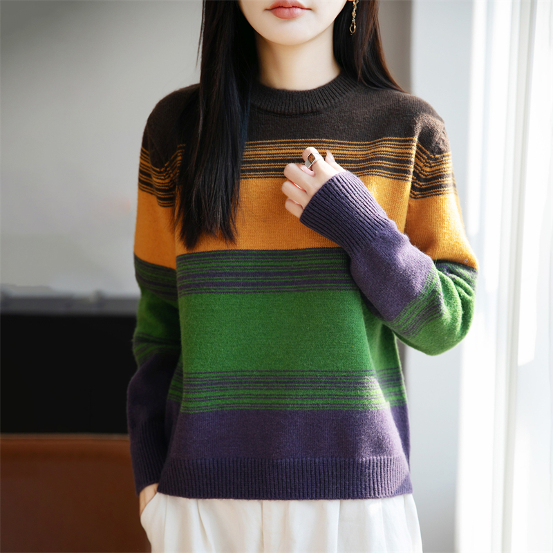 品牌正品彩色条纹高级感软糯针织衫女2025年秋冬新款时尚百搭毛衣