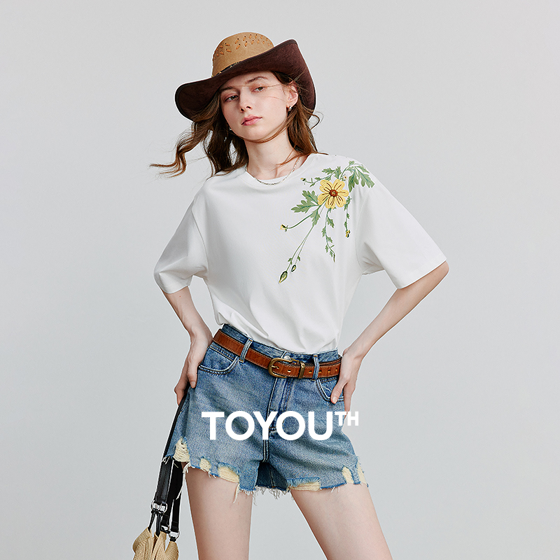 【618返场购】初语圆领宽松棉质T恤2025夏季新款绿绒蒿绣花清新上衣