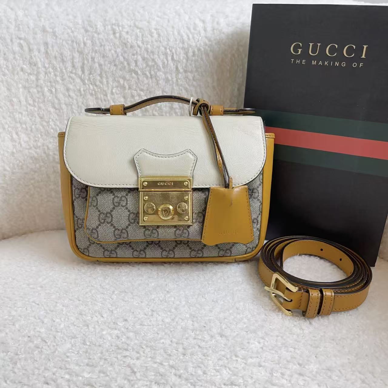 99新 GUCCI/古驰 老花拼姜黄色邮差包/75913197/12期/代卖服务