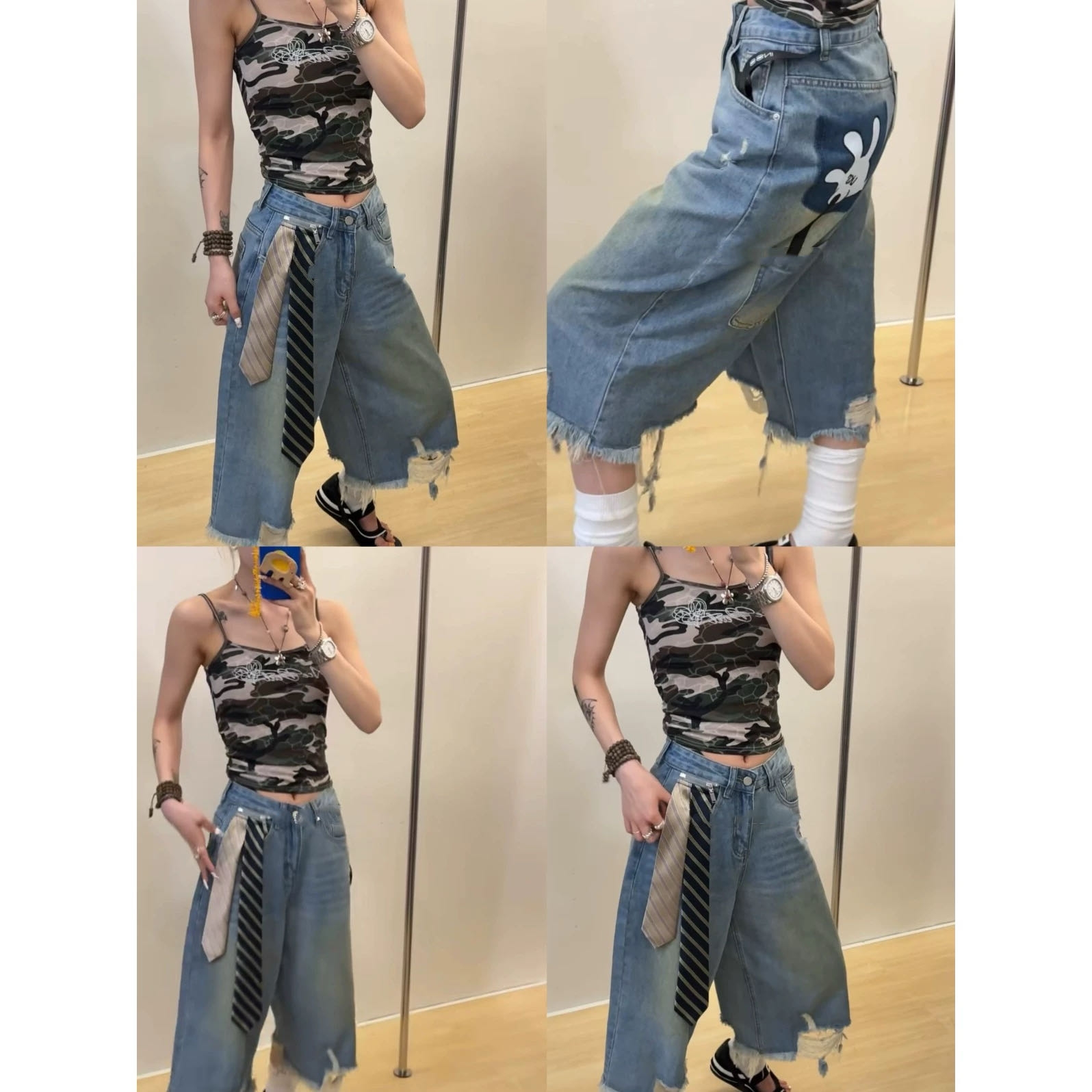 【土豆优选】配丝巾！夏季破洞牛仔七分裤