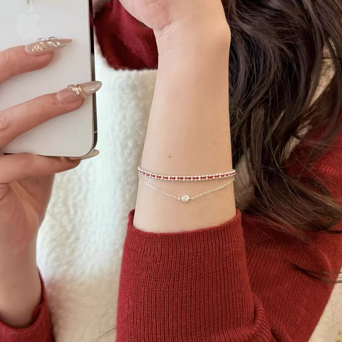足银手链 足银999手链好运双层红绳细款气质闺蜜时尚本命年招财