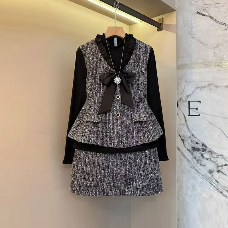 加肥大码女装系带领长袖上衣短裙胖妹妹气质通勤风显瘦秋冬两件套