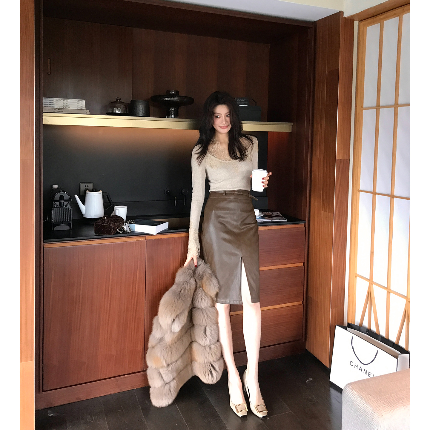 【ALONE SAVOR】龍喜儿 茯苓 优雅复古简约包臀开叉半身皮裙L663