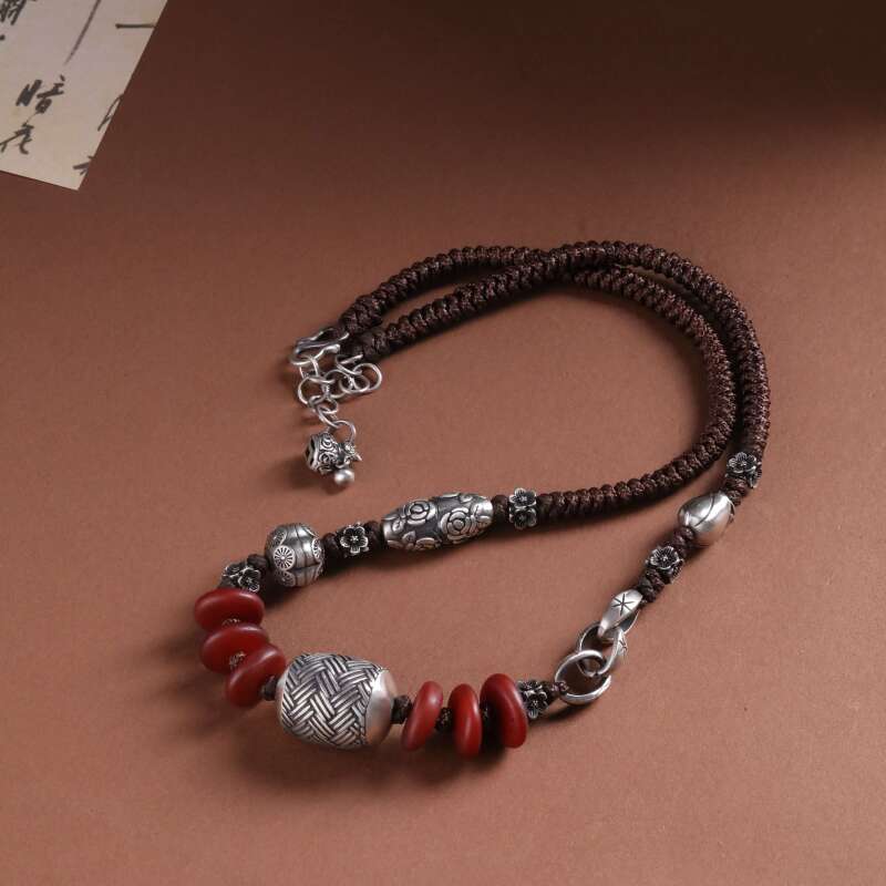 N14369<晶贵坊>车轮老蜜蜡花朵橄榄珠花苞珠项链S925银  约43g