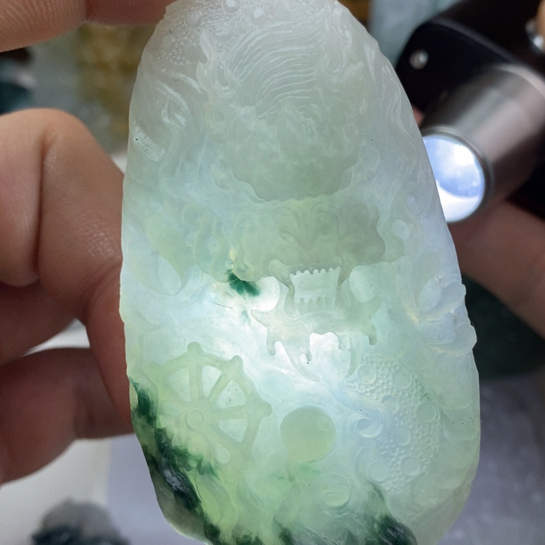 定制翡翠未镶嵌纯天然缅甸翡翠冰飘蓝花霸气大龙牌