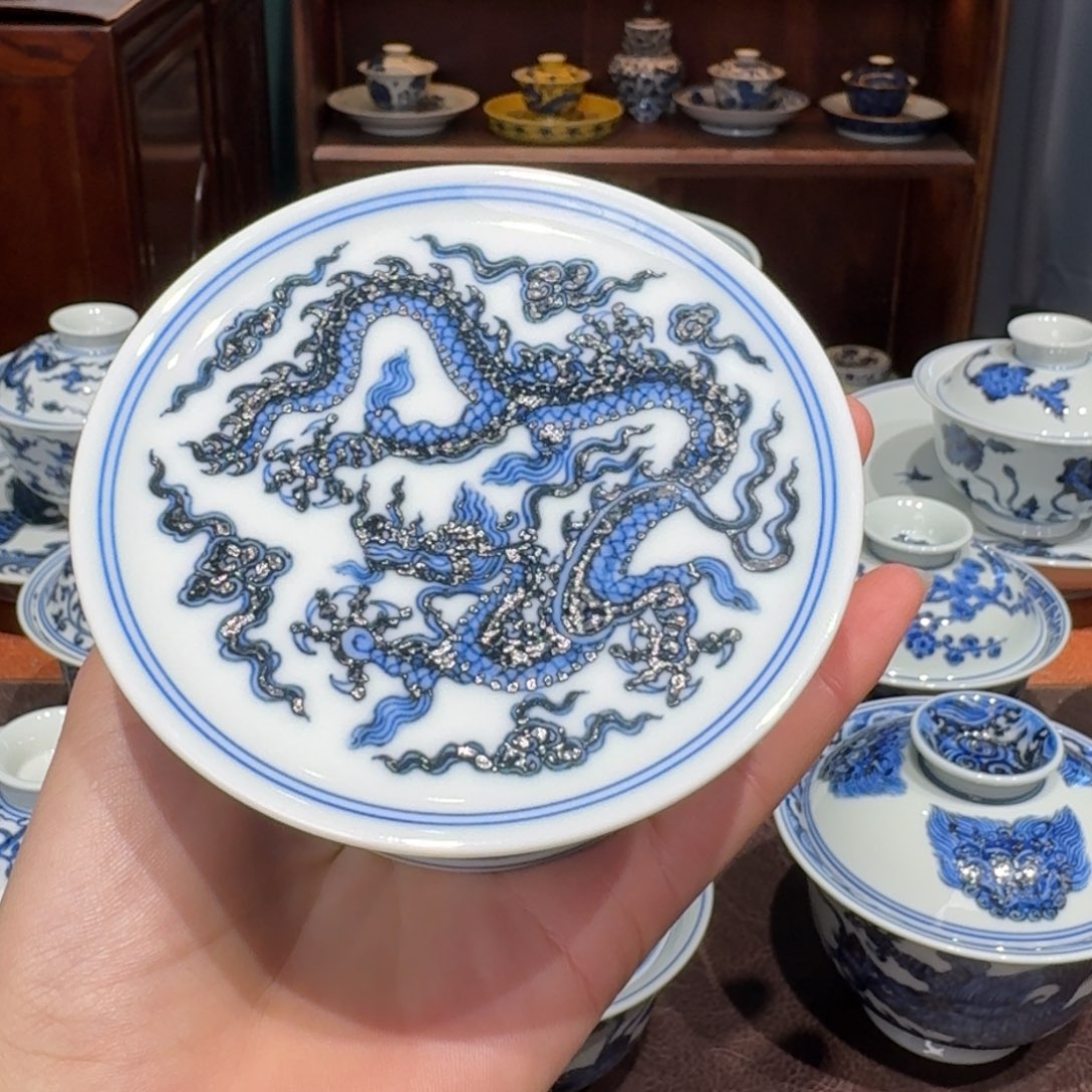 青花雯华堂手绘盖置