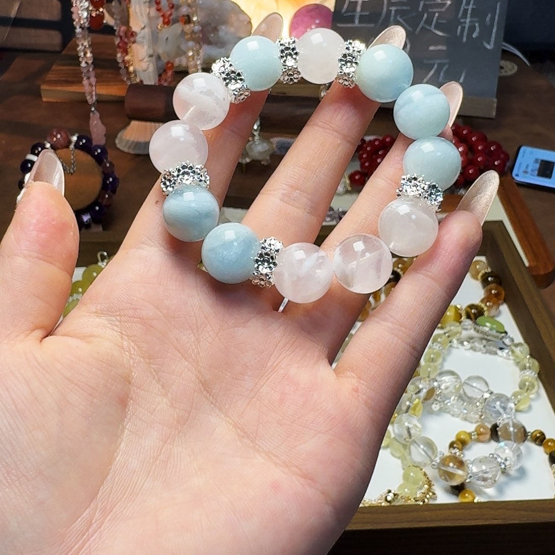 水晶手链合金黄*少天然双拼海蓝宝粉水晶