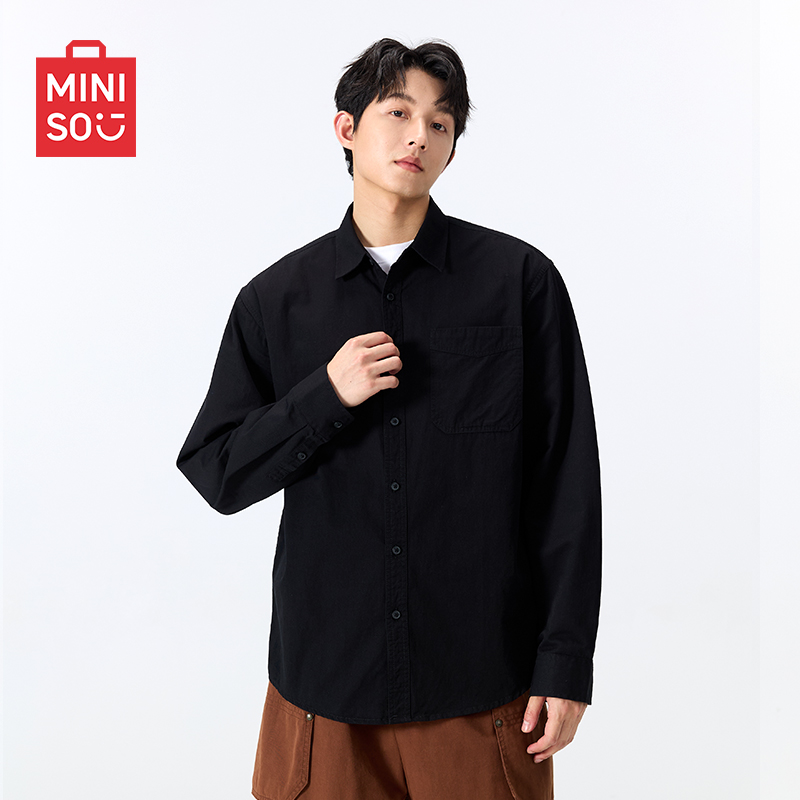 MINISO名创优品纯棉衬衫男秋季新款简约设计感黑色外套青少年衬衣