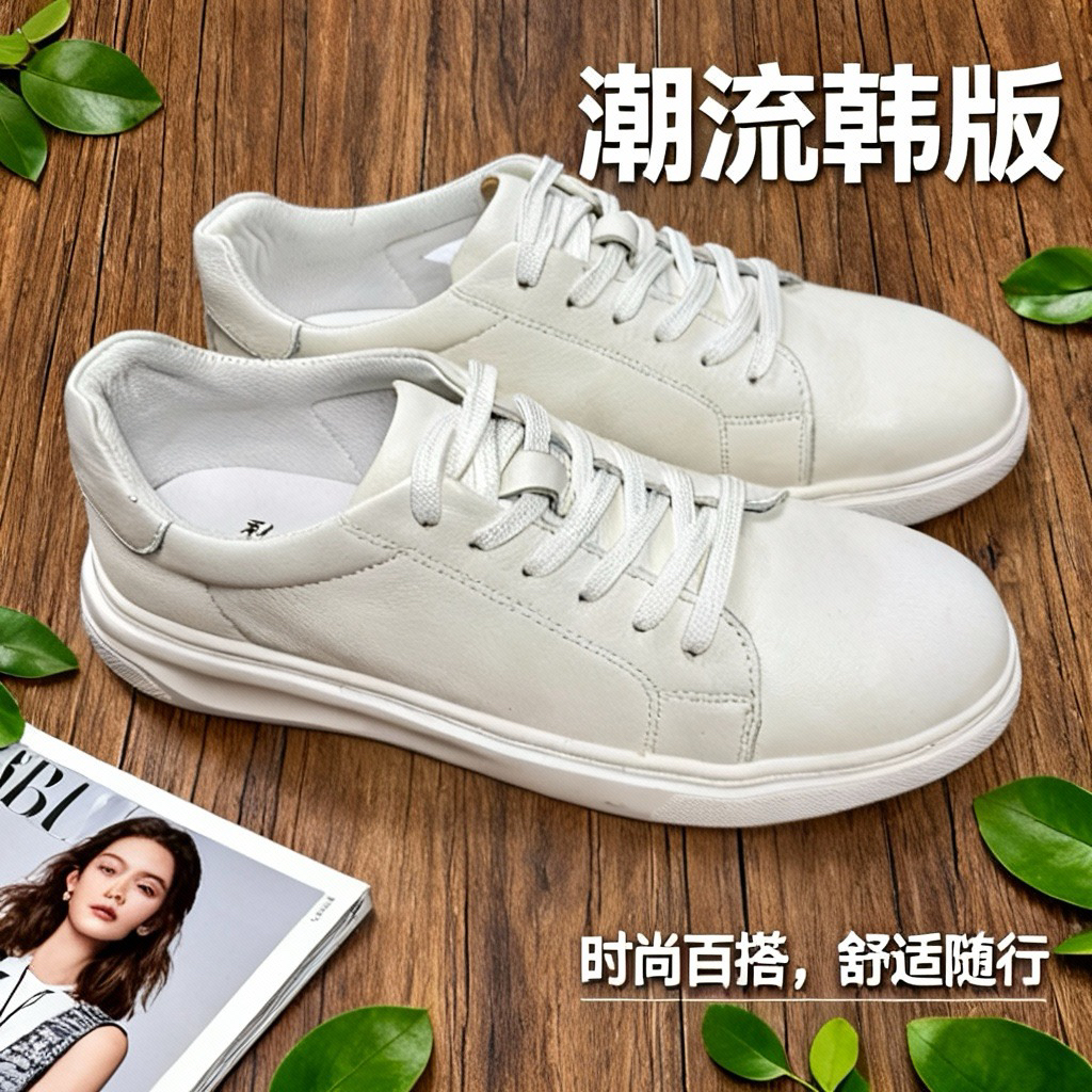 男士头层牛皮透气百搭系带休闲小白鞋