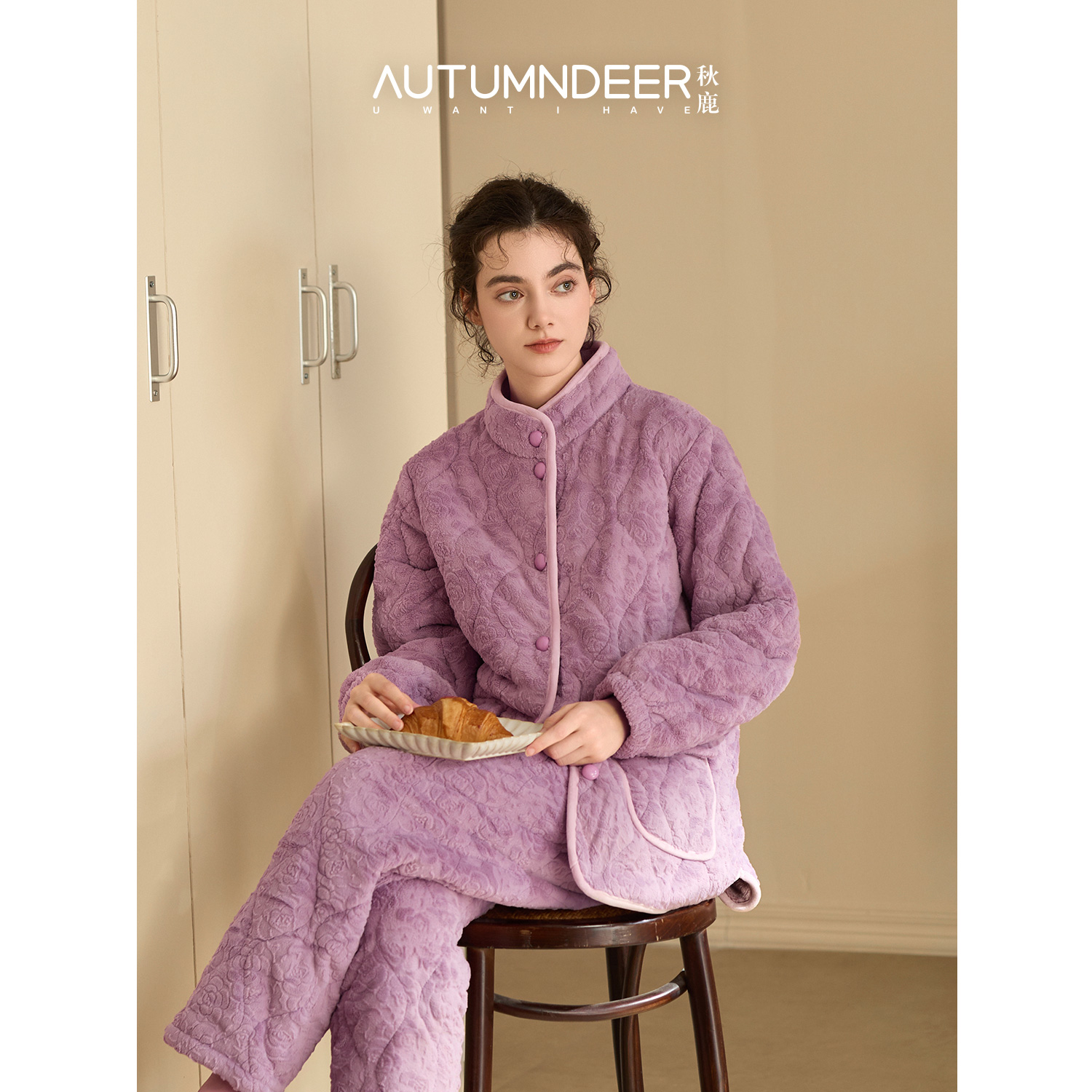 秋鹿三层夹棉加厚法兰绒烂花棉洋气暗纹提花时尚长袖长裤立领女套