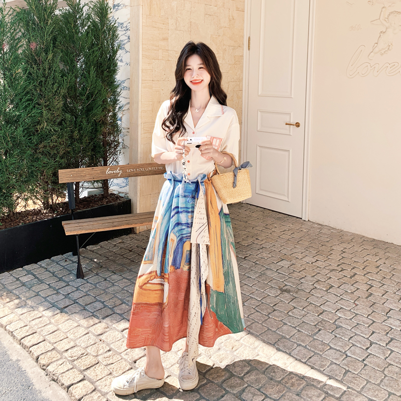 复古刺绣衬衫油画不规则半身裙套装女夏2025新款女生韩系ins短袖