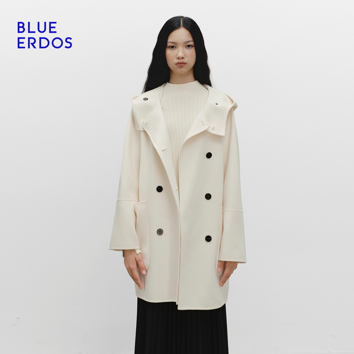 【100%绵羊毛】BLUE ERDOS 25秋冬新品简约通勤连帽双排扣女大衣