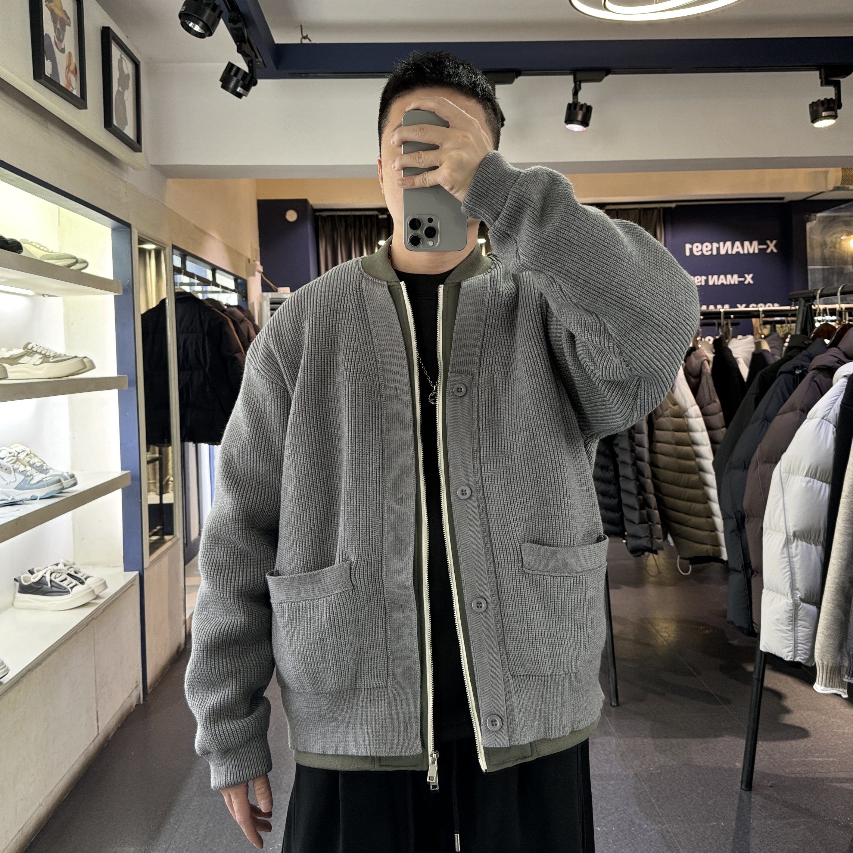 【针织假两件90白鸭开衫羽绒服】冬季保暖时髦拼接慵懒帅气男外套