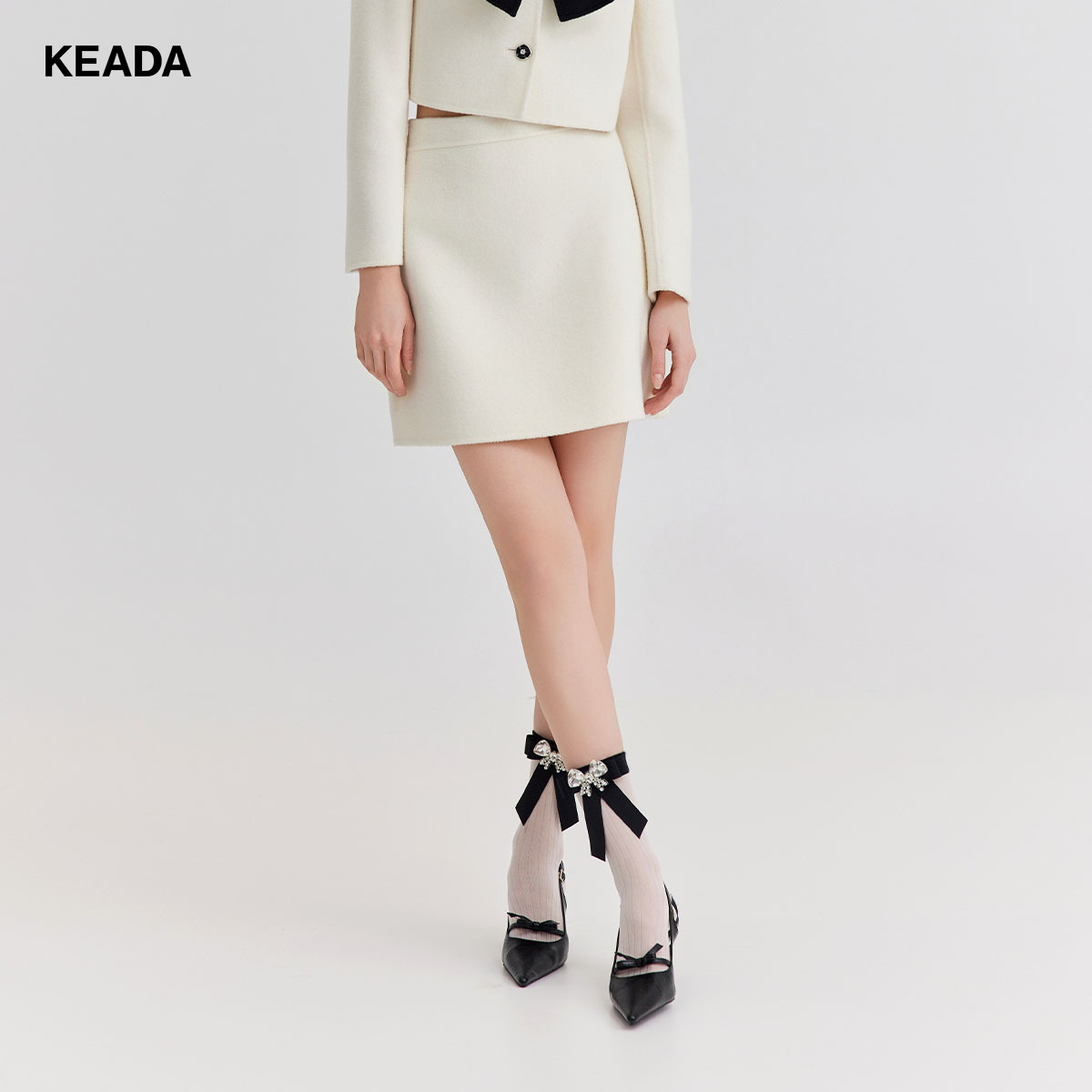 KEADA白色千金范羊毛呢半身裙a字短裙高腰KSN3SU5145