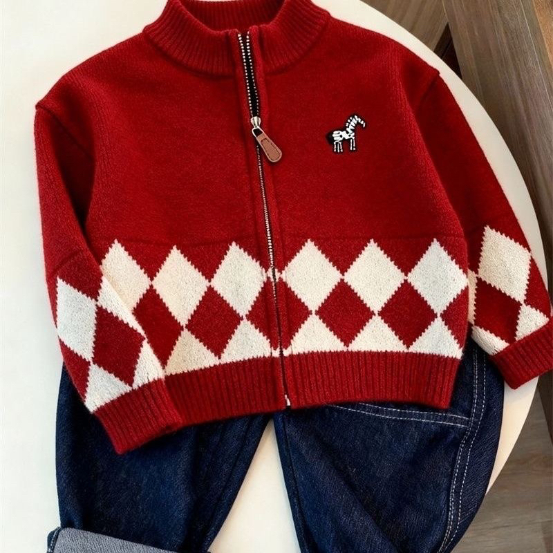 美拉德2026秋冬新款男女童刺绣小马毛衣外套宝宝小童拉链针织衫