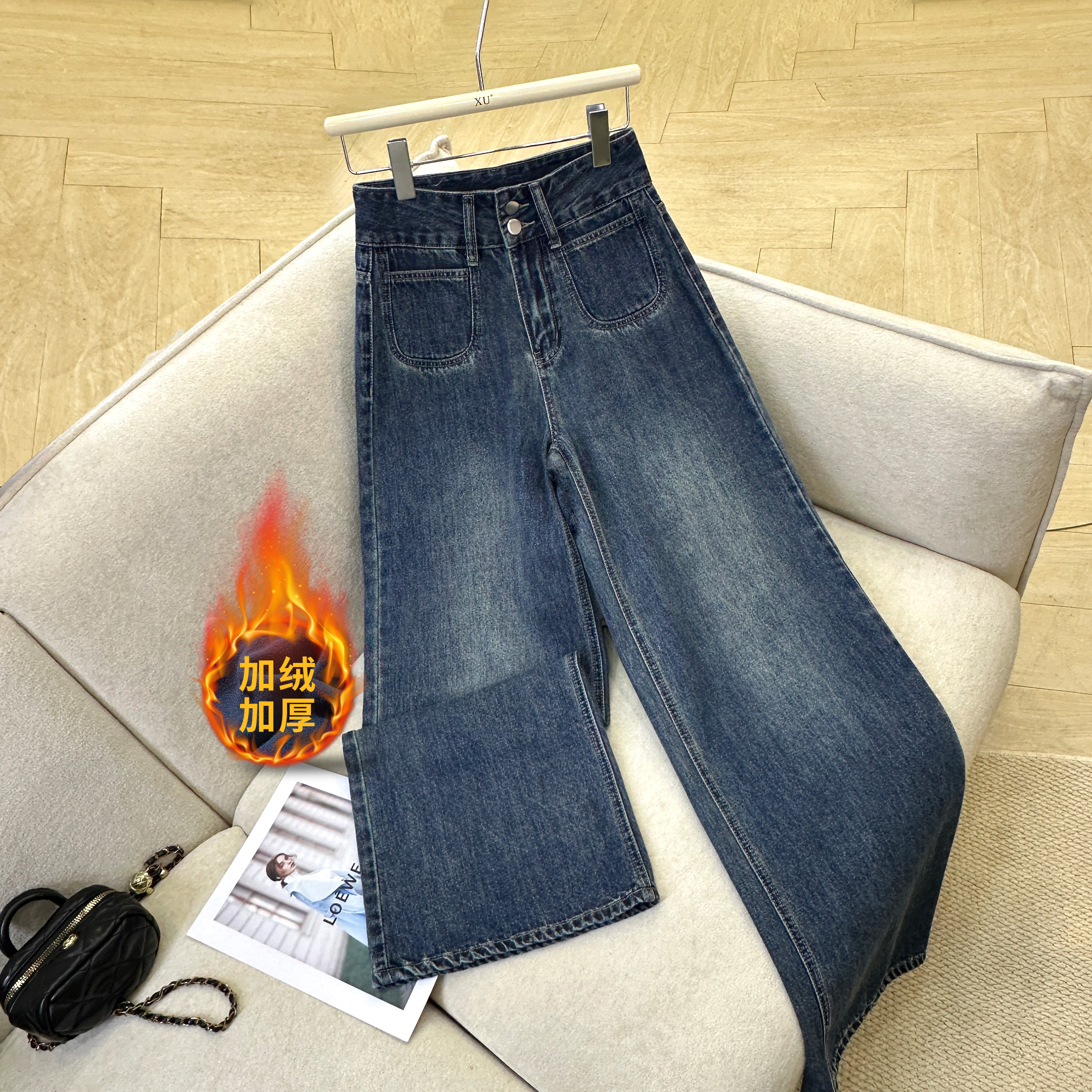 【三个厚度】7276 W复古口袋设计阔腿牛仔裤女新款高腰显瘦百搭