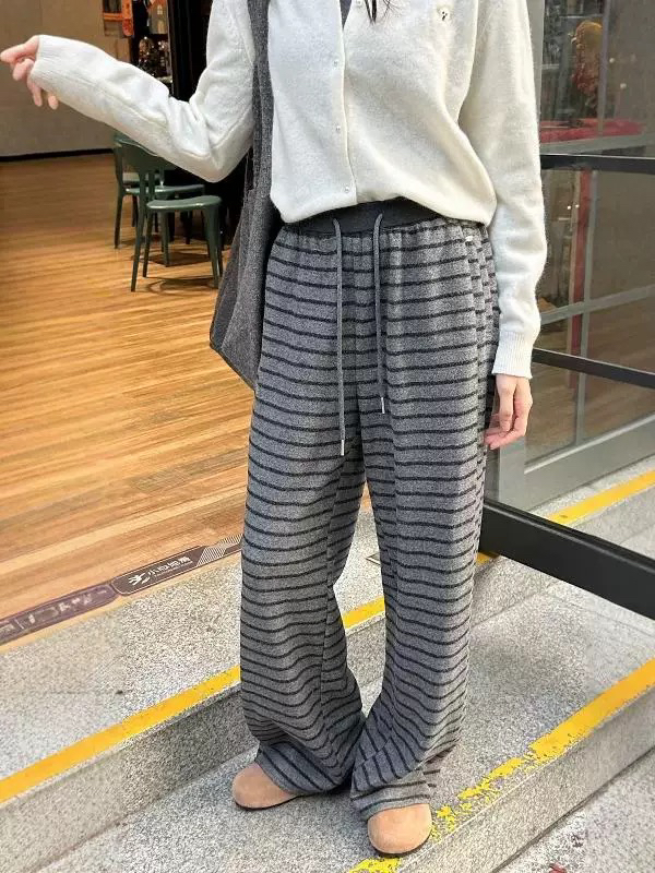 复古条纹针织阔腿裤女春秋抽绳松紧高腰显瘦慵懒垂坠感休闲拖地裤