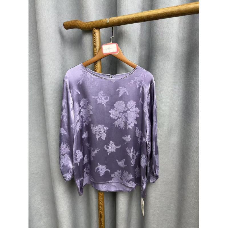 2025秋季新款休闲时尚圆领桑蚕丝冠乐缎提花七分袖上衣女A153