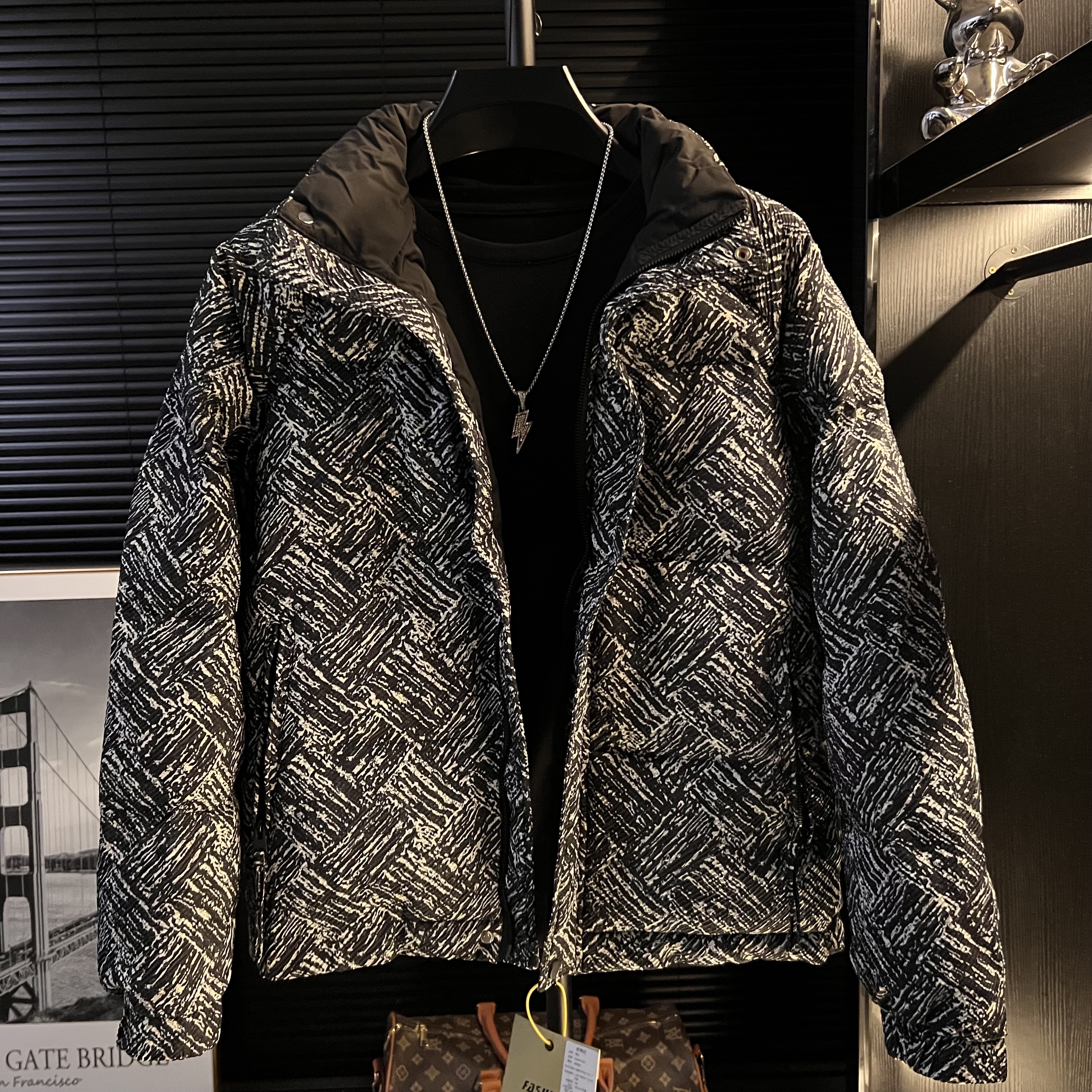 H-冬季新款休闲立领花色棉服男冬季潮牌高级感棉衣外套