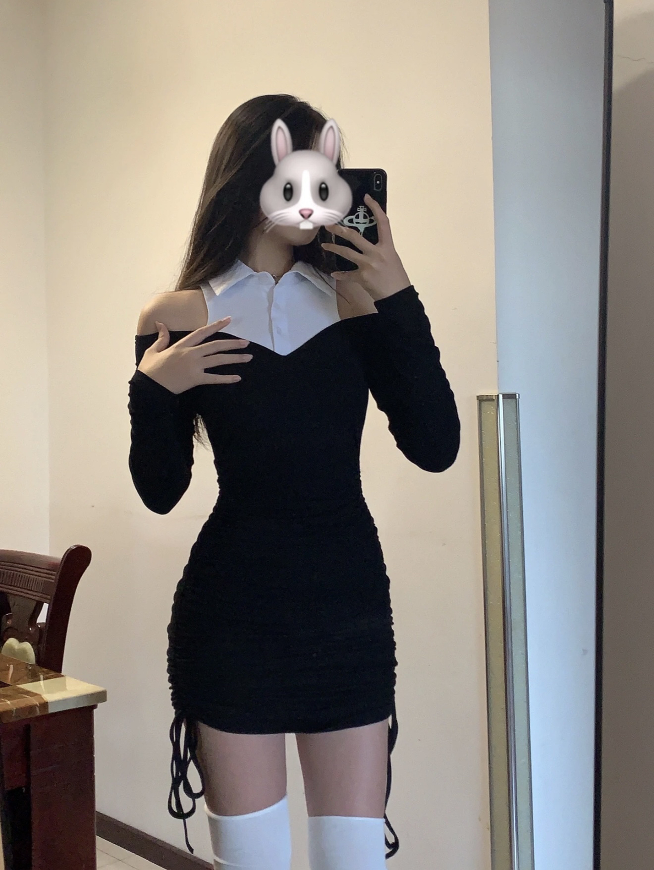 微胖纯欲风辣妹抽绳收腰polo领露肩连衣裙女