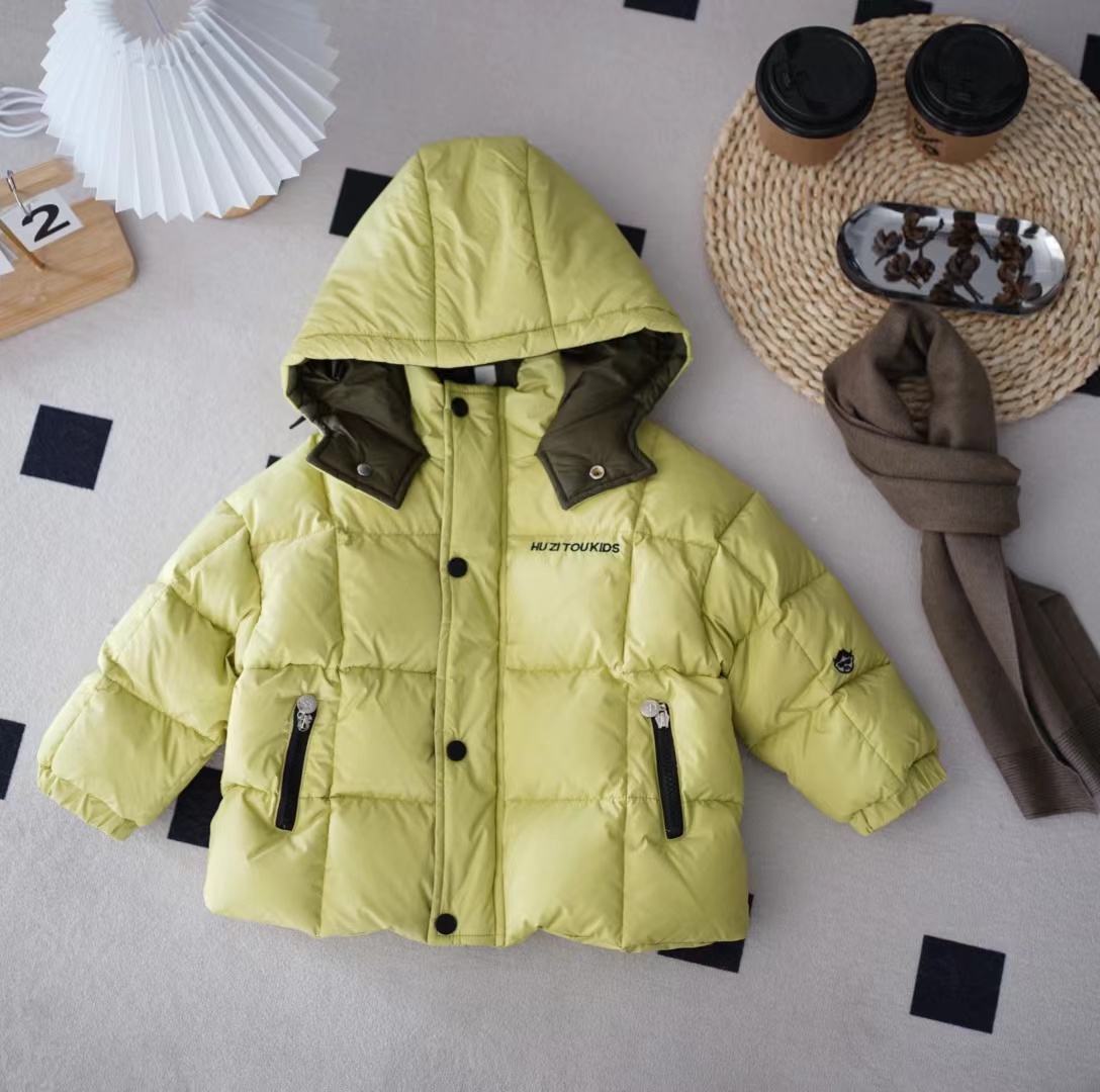 儿童冬季韩版简约刺绣胡子头连帽中长款羽绒服SQ1505