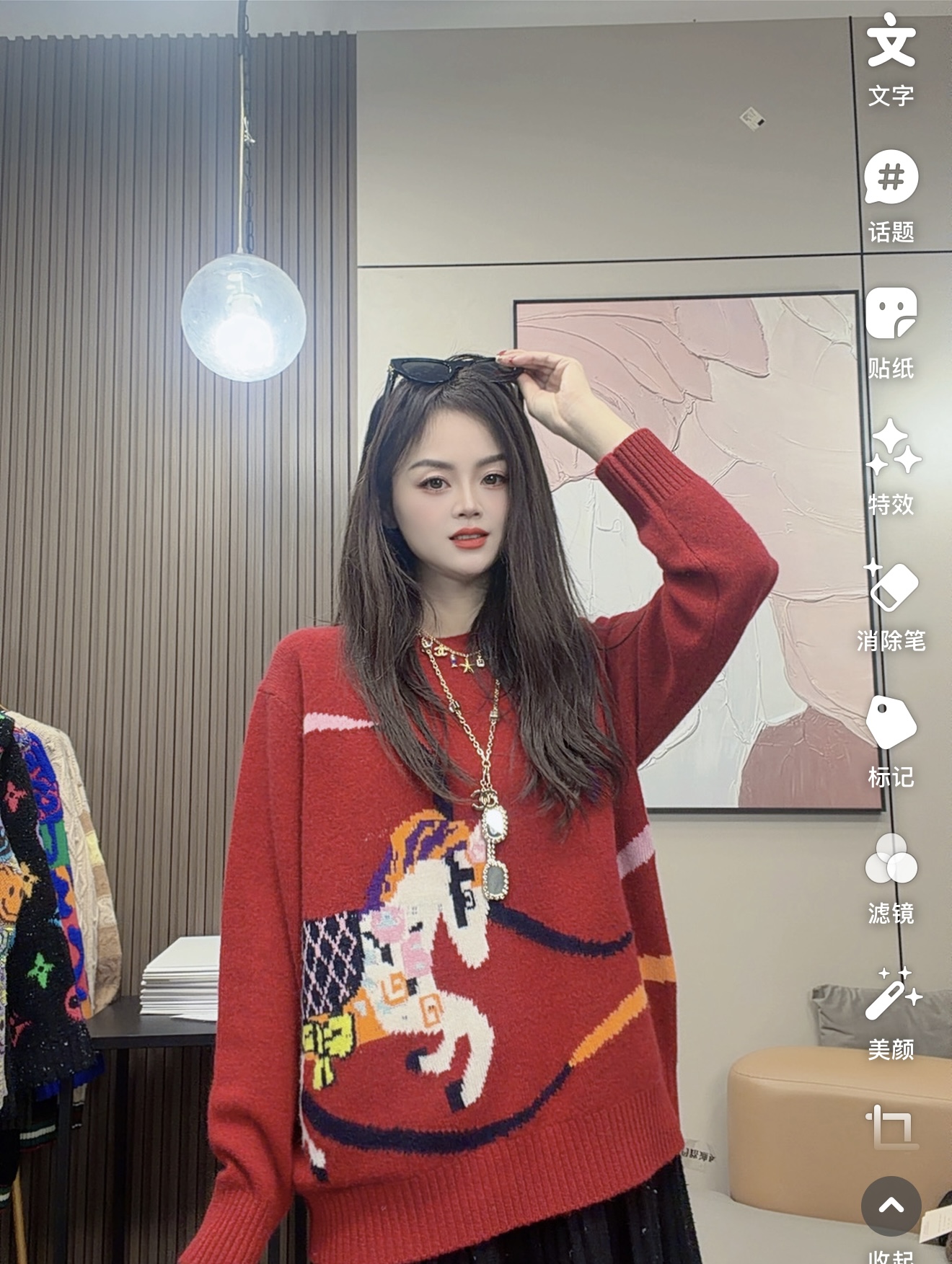 【卡诗米羊绒】25789马年刺绣套头高定潮牌时尚女款针织上衣