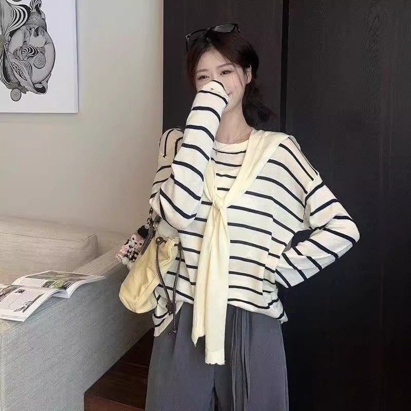  【现货】韩系慵懒风披肩条纹圆领打底T恤秋季新款文百搭针织衫上衣