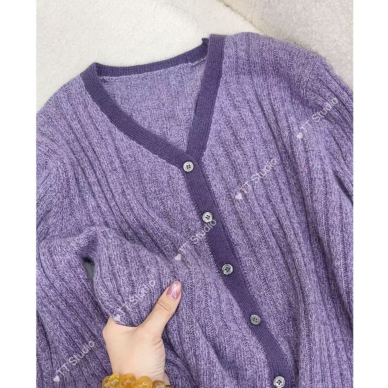 TT家/莫奈花园/紫色兔毛开衫V领设计感毛衣秋冬女装慵懒风针织衫