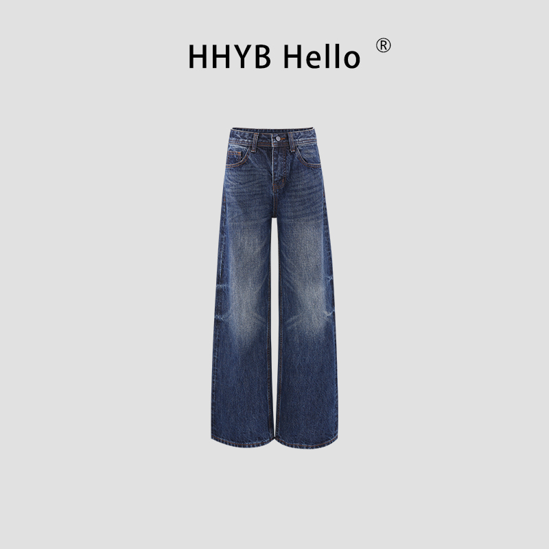 HHYB Hello高腰复古直筒阔腿宽松深蓝牛仔裤女Q254379