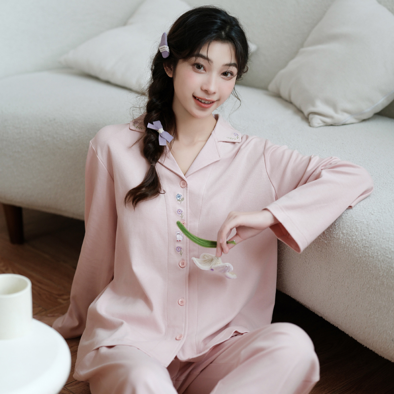 芬腾女士薄款长袖长裤春秋季睡衣翻领开衫花卉可爱甜美家居服套装