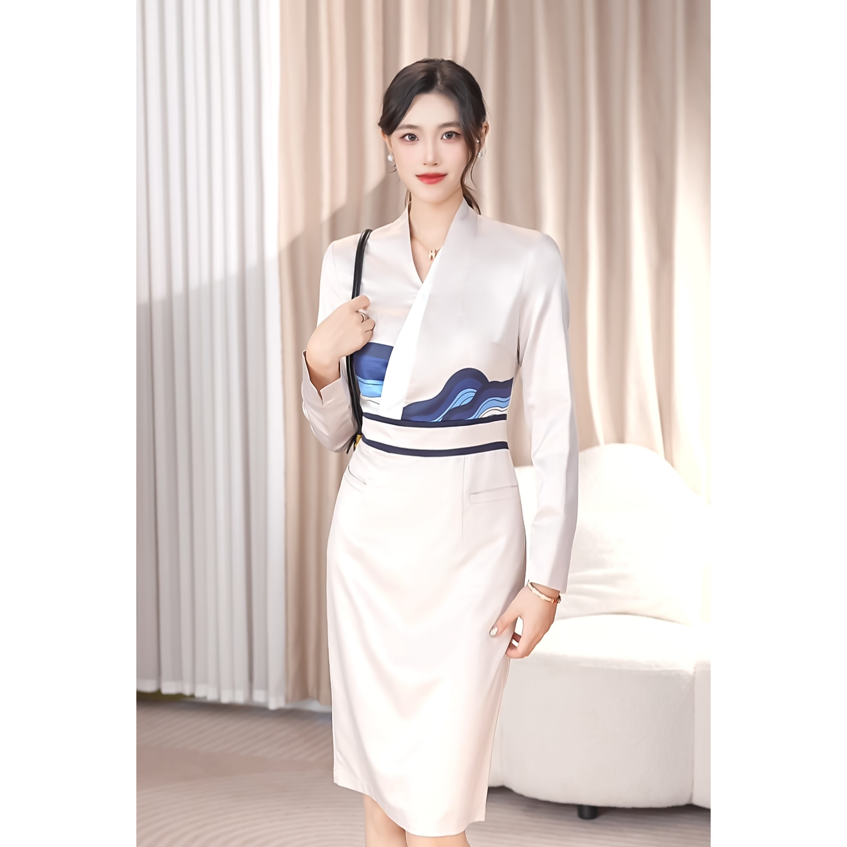 高端女职业连衣裙长袖时尚中国风气质前台美业工作服女神包臀收腰