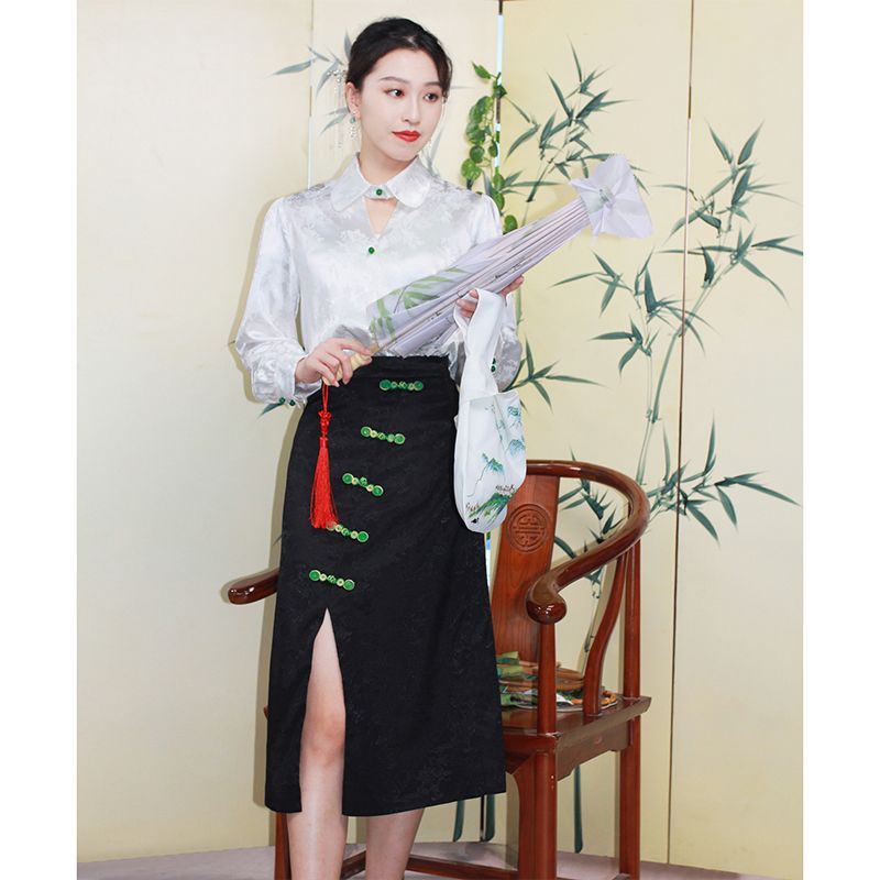 中国风国风宫廷民族风气质上衣长袖开衩斜门襟时尚上衣文艺百搭