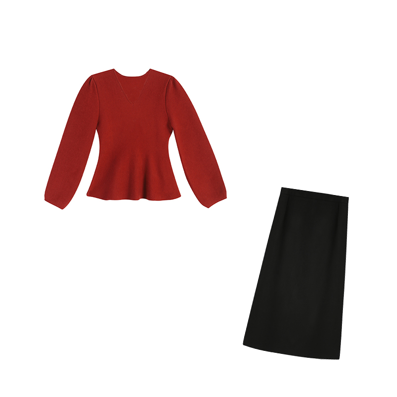 大码胖妹妹红色过年穿搭显瘦收腰针织上衣长半裙两件套ZL103007