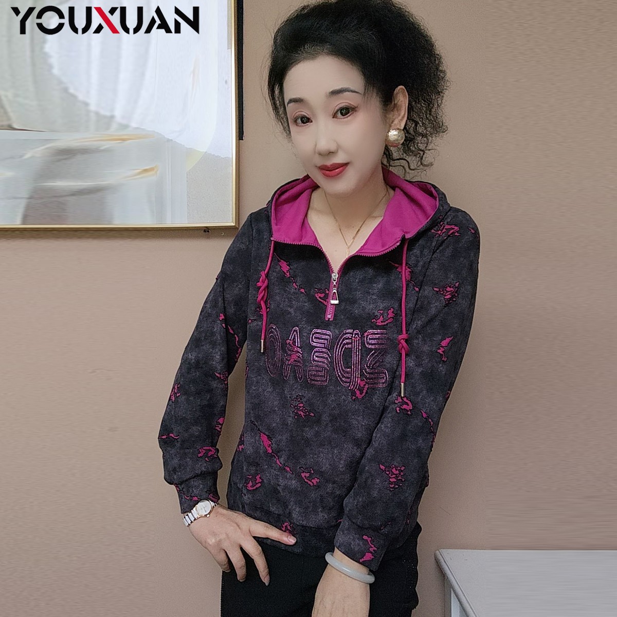 【新品】秋冬百搭韩版上衣时尚休闲宽松长袖连帽女士卫衣3257