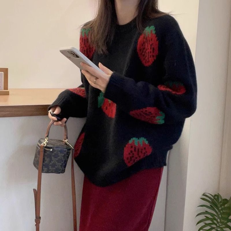 JB02574欧货秋冬新品长袖毛衣女装高级感草莓宽松黑色针织衫上衣