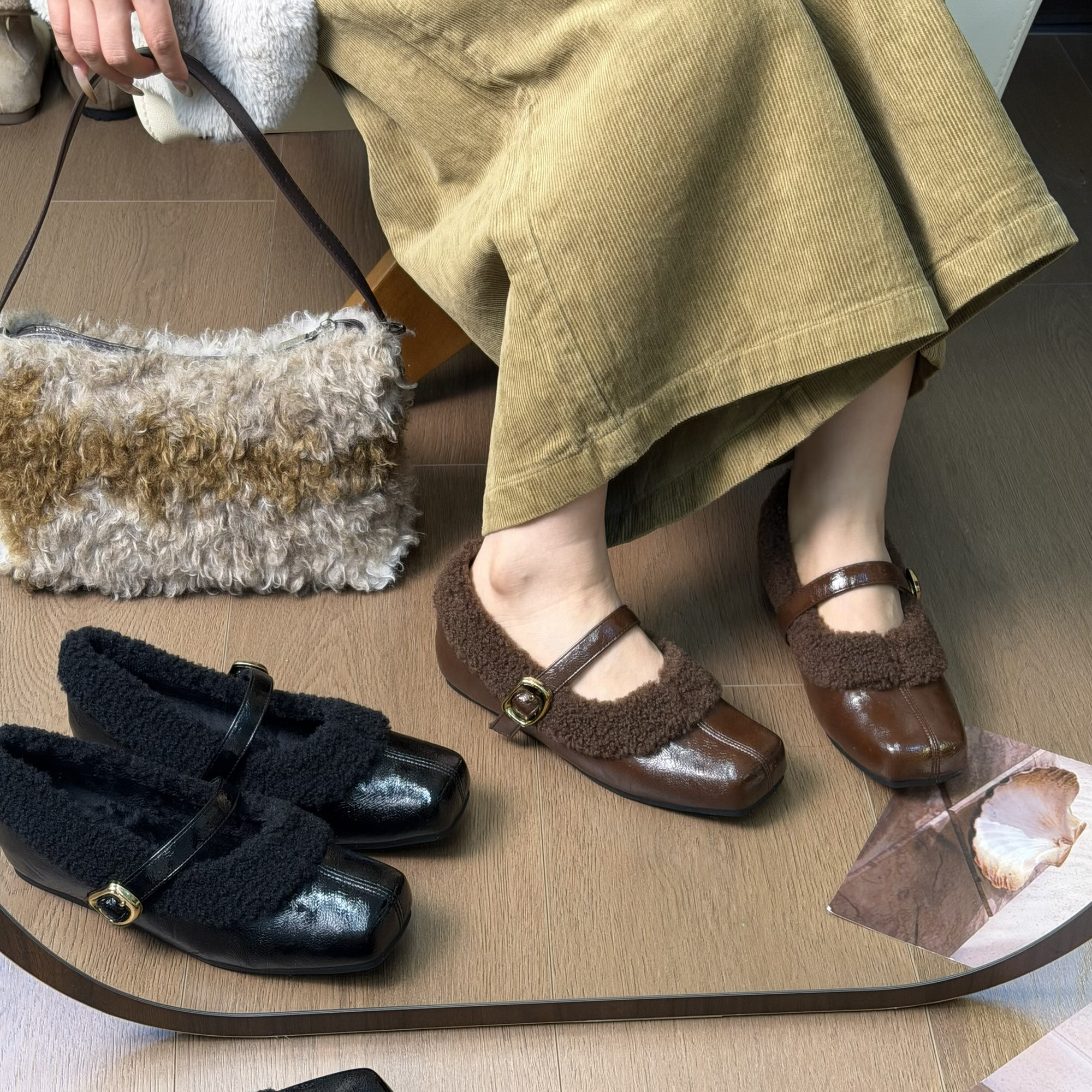 内增高复古皮面方头翻毛乐福鞋女2025年冬季新款毛毛单鞋 3-8