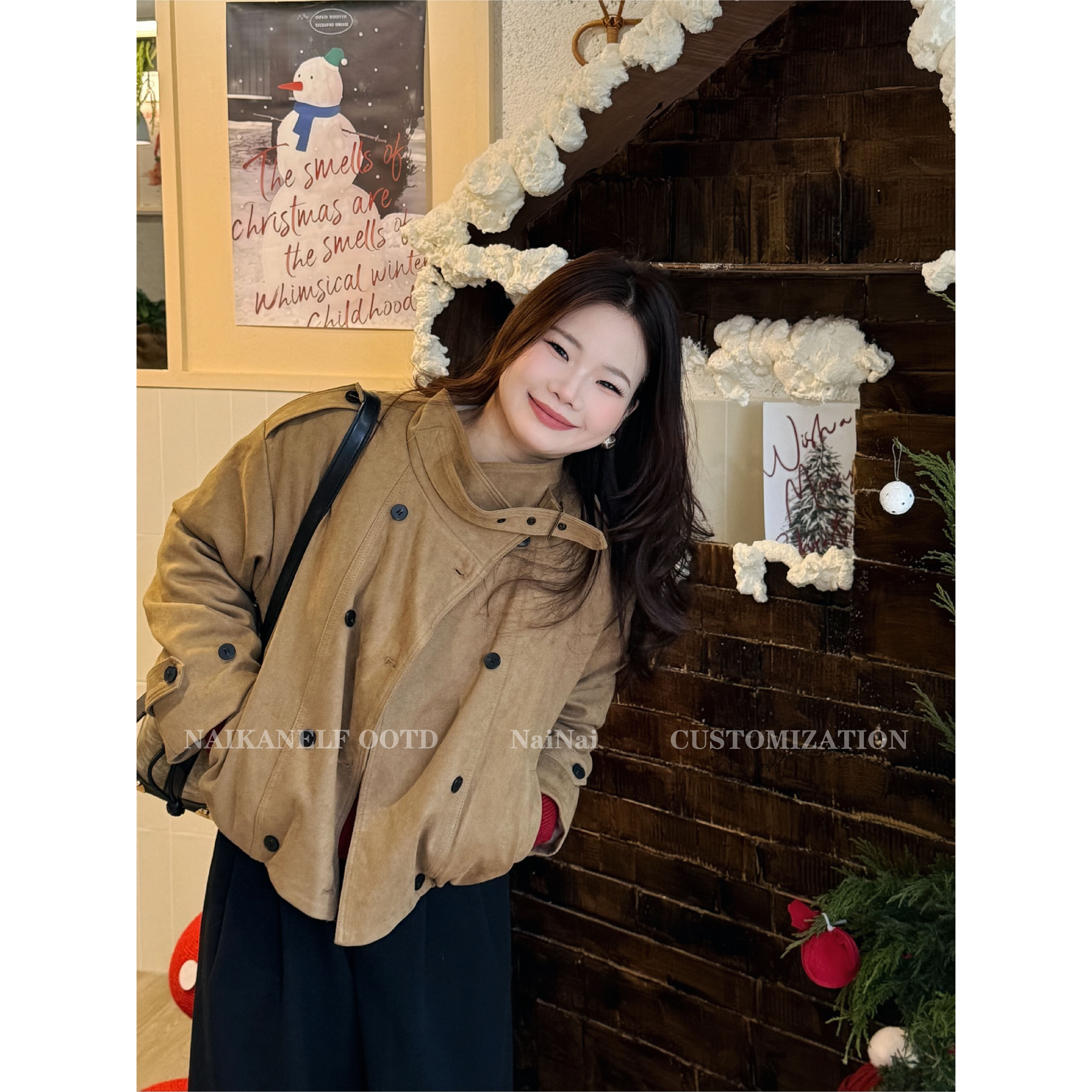 奈看小个子【环游名片】冬季美拉德双排扣麂皮立领夹克毛毛外套