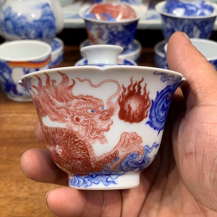 自成堂柴窑青花龙凤盖碗