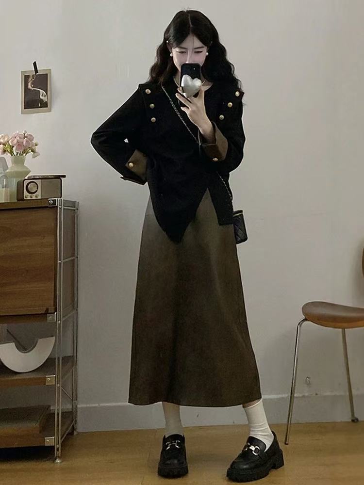 法式冬季新款时尚气质轻奢学院风小众不规则显瘦上衣半身裙套装