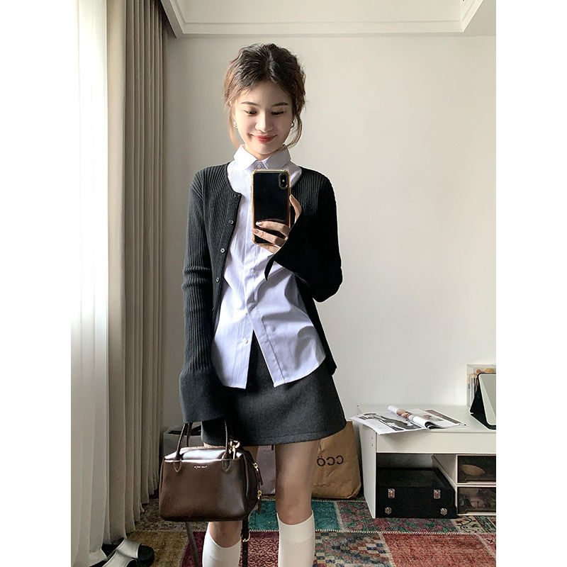 【2516】慵懒风格子衬衫上衣半身裙套装