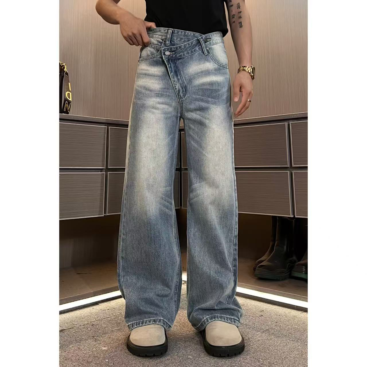 裤子nb172男士高品质设计款不规则宽松直筒蓝色水洗牛仔裤