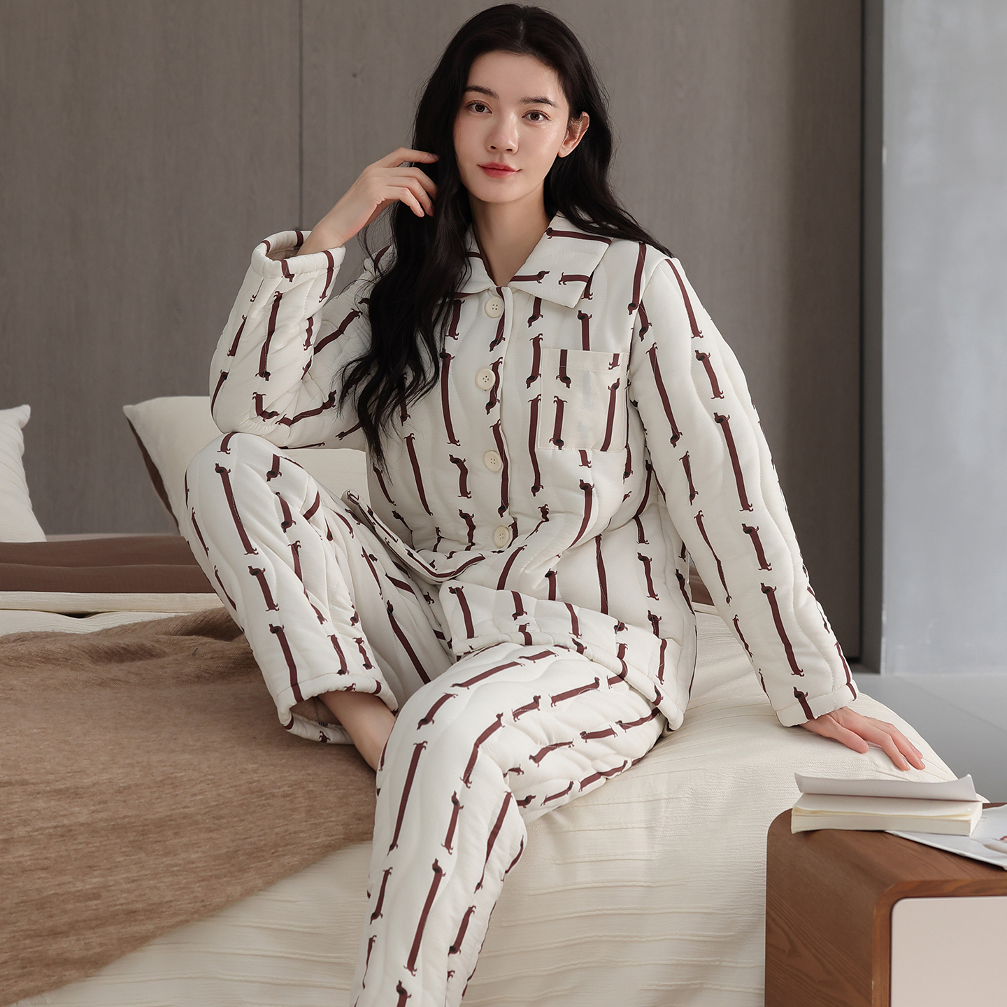 2025女士睡衣冬季翻领休闲三层夹棉加厚保暖家居服套装条纹可外穿