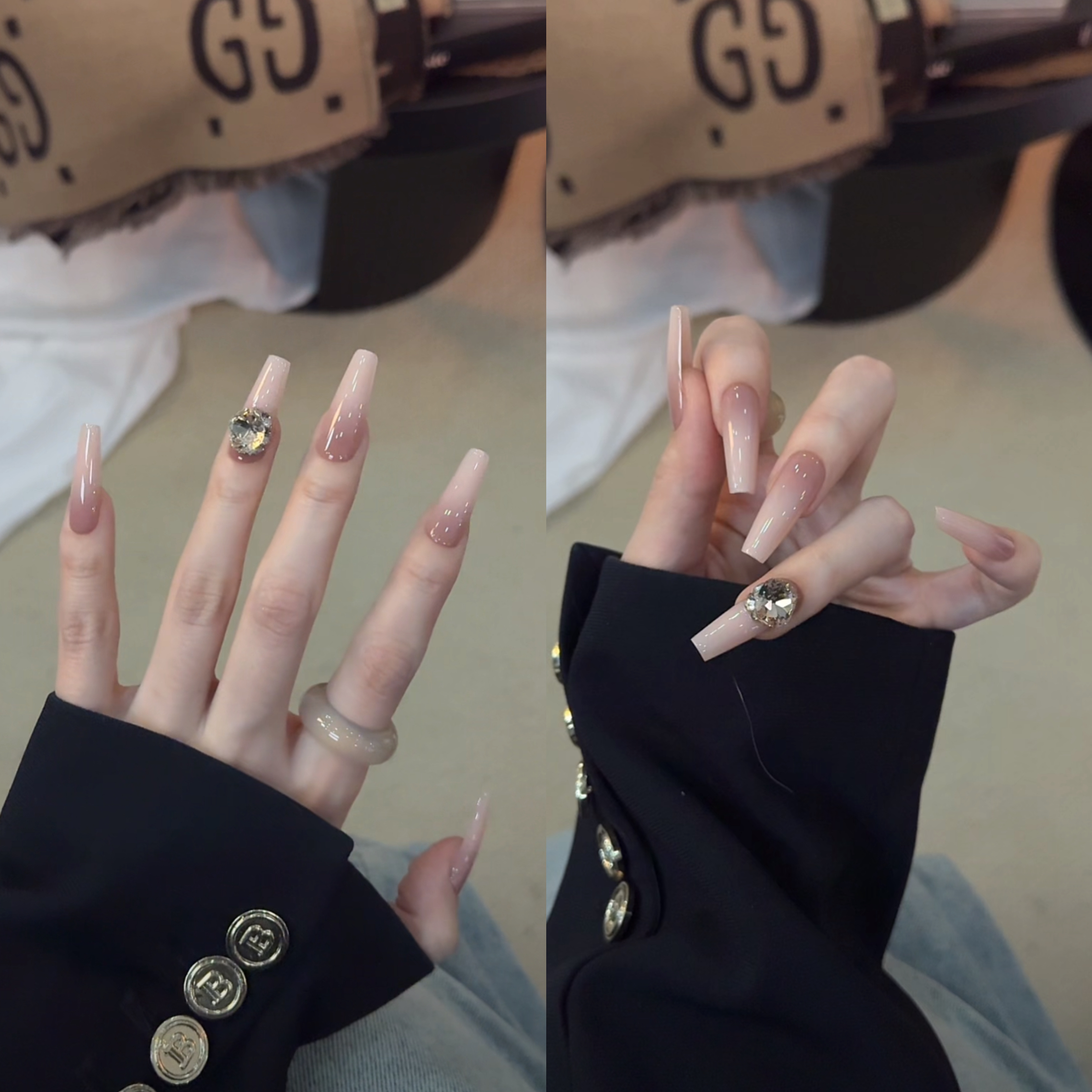 【慵懒周末】粉丝10+2！清冷千金风双色渐变带大钻手工穿戴甲12片